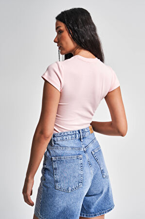 Kadın Pembe Renk s5-20 Süper Esnek Kumaş %100 Pamuk Bisiklet Yaka Basic Body