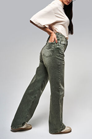 Kadın Taşlanmış Haki Renk 2s5-15 Straight Fit Yüksek Bel %100 Koton İç Boy 80 Cm Denim Jean