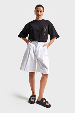 Kadın Beyaz Renk 5s5-2 Skater Fit Maxi Boy %100 Koton Bol Kesim Denim Bermuda Şort