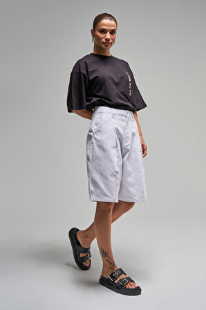 Kadın Beyaz Renk 5s5-2 Skater Fit Maxi Boy %100 Koton Bol Kesim Denim Bermuda Şort