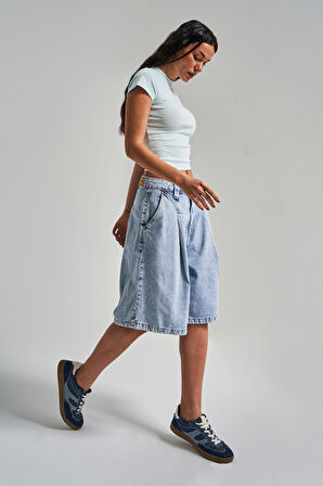 Kadın Snow Kot Rengi 3s5-3 Maxi Boy Baggy Fit %100 Koton Pileli Denim Bermuda Şort