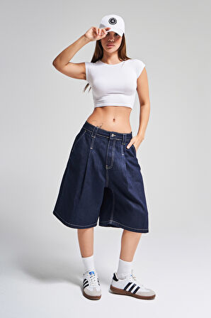 Kadın İndigo Renk 7s5-50 Skater Fit Maxi Boy Bol Kesim %100 Koton Denim Bermuda Şort