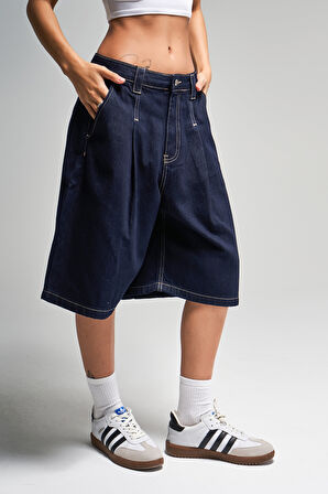 Kadın İndigo Renk 7s5-50 Skater Fit Maxi Boy Bol Kesim %100 Koton Denim Bermuda Şort