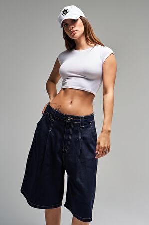 Kadın İndigo Renk 7s5-50 Skater Fit Maxi Boy Bol Kesim %100 Koton Denim Bermuda Şort