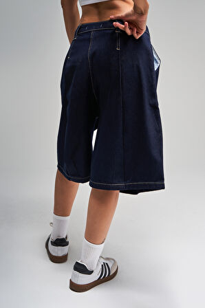 Kadın İndigo Renk 7s5-50 Skater Fit Maxi Boy Bol Kesim %100 Koton Denim Bermuda Şort