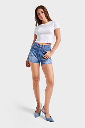 Kadın Mavi Renk 2s5-4 Mini Boy Mom Fit %100 Koton Yüksek Bel Denim Şort