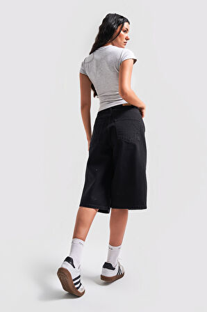 Kadın Siyah Renk 1s5-1 Maxi Boy Bol Kesim %100 Koton Denim Bermuda Şort