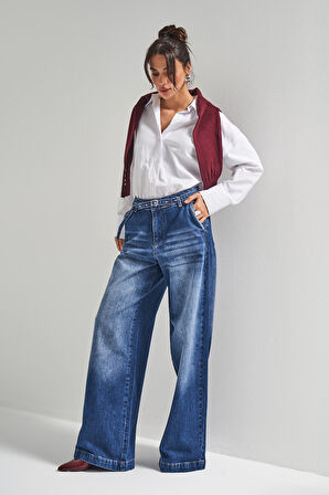 Kadın Mavi Renk 2w5-5 Süper Palazzo Fit Kemer Detaylı Denim Jean