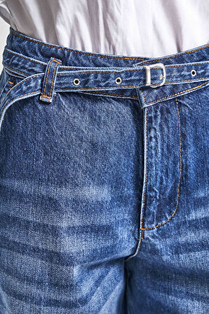 Kadın Mavi Renk 2w5-5 Süper Palazzo Fit Kemer Detaylı Denim Jean