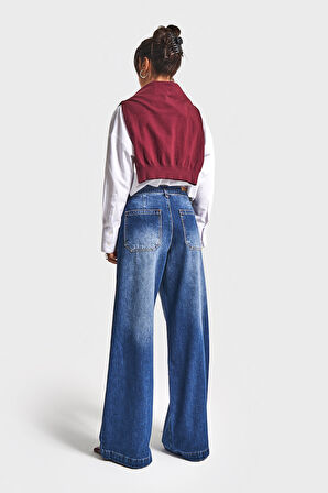 Kadın Mavi Renk 2w5-5 Süper Palazzo Fit Kemer Detaylı Denim Jean