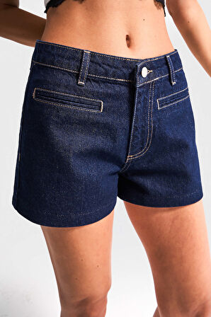 Kadın İndigo Renk 7s5-50 Midi Boy Önden Cepli Rahat Kesim %100 Koton Denim Şort