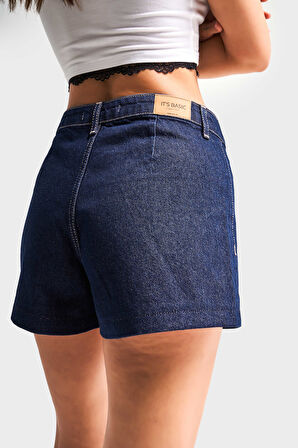 Kadın İndigo Renk 7s5-50 Midi Boy Önden Cepli Rahat Kesim %100 Koton Denim Şort