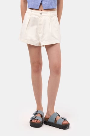 Kadın Kırık Beyaz Renk 7s6-101 Mini Boy Pileli %100 Koton Denim Şort