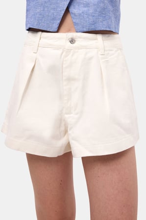 Kadın Kırık Beyaz Renk 7s6-101 Mini Boy Pileli %100 Koton Denim Şort