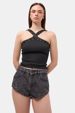 Kadın Koyu Füme 11s6-1 Süper Mini %100 Koton Denim Şort