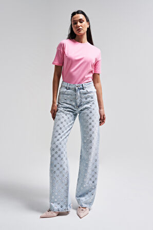 Kadın Snow Kot Rengi 4s5-100 Straight Fit Parlak Taşlı %100 Koton Tasarım Denim Jean