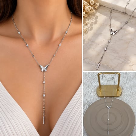 💎 Premium Parlak ve Şık ​Kelebek Figür Detaylı Sallantılı Silver Y Model Kadın Çelik Kolye (45 cm)