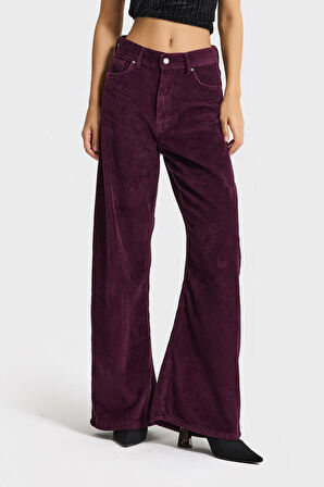 Kadın Mor Renk 26w5-111 Straight Fit Yüksek Bel Kalın Fitilli Velvet Kadife Kumaş Pantolon