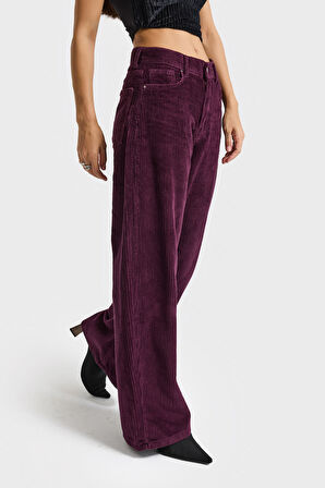 Kadın Mor Renk 26w5-111 Straight Fit Yüksek Bel Kalın Fitilli Velvet Kadife Kumaş Pantolon
