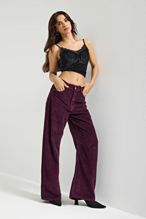 Kadın Mor Renk 26w5-111 Straight Fit Yüksek Bel Kalın Fitilli Velvet Kadife Kumaş Pantolon