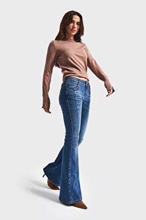 Kadın Koyu Mavi Renk 2w5-5 Midrise Flare Fit Esnek Elastan Kumaş Orta Bel Denim Jean