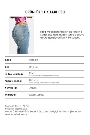 Kadın Kot Rengi 4s6-32 SWL Mid Rise Flare Fit Orta Bel Esnek Kumaş Denim Jean