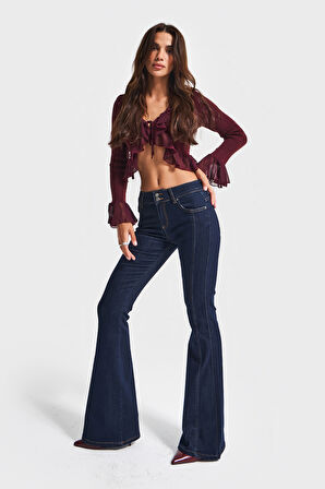 Kadın İndigo Renk 7w5-50 Midrise Flare Fit Esnek Elastan Kumaş Orta Bel Denim Jean