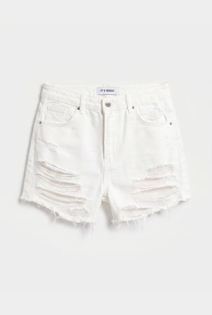 Kadın Kırık Beyaz 15s6-101 Mini Boy Yüksek Bel Yırtık Detaylı Püsküllü %100 Koton Denim Şort