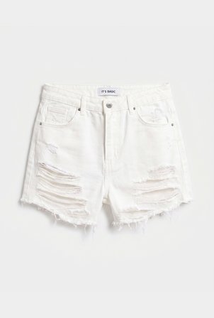Kadın Kırık Beyaz 15s6-101 Mini Boy Yüksek Bel Yırtık Detaylı Püsküllü %100 Koton Denim Şort