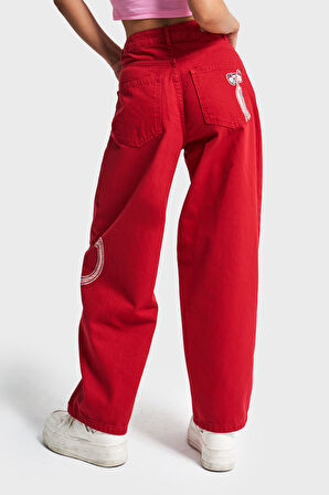 Kadın Kırmızı Renk 6s5-19 Wide Pleat Leg Rahat Kesim Panter Nakışlı Tasarım Denim Jean