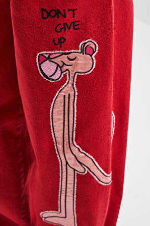 Kadın Kırmızı Renk 6s5-19 Wide Pleat Leg Rahat Kesim Panter Nakışlı Tasarım Denim Jean