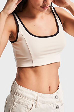 Kadın Bej Renk s5-105 Süper Esnek Kumaş Crop Fit Askılı Sporcu Büstiyer