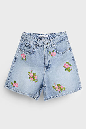 Kadın Mavi Renk 4s5-3 Midi Boy Çiçek Nakışlı %100 Koton Tasarım Denim Şort