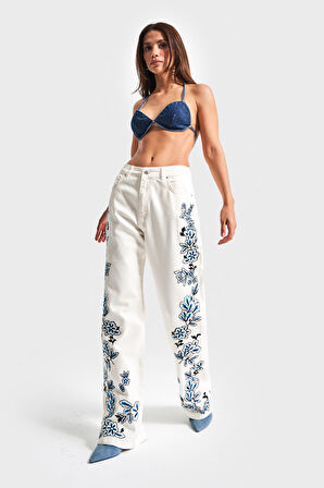 Kadın Beyaz Renk 5s5-2 Mavi Çiçek Nakışlı Straight Fit Yüksek Bel Özel Tasarım Denim Jean