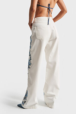 Kadın Beyaz Renk 5s5-2 Mavi Çiçek Nakışlı Straight Fit Yüksek Bel Özel Tasarım Denim Jean