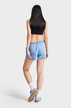 Kadın Mavi Renk 1s5-4 Mini Boy Bol Kesim Beli Lastikli %100 Koton Denim Şort