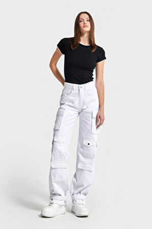Kadın Beyaz Renk w5-2 Straight Kargo Fit Simli Özel Kumaş Tasarım Denim Jean