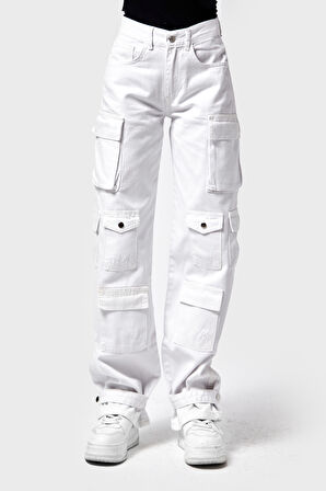 Kadın Beyaz Renk w5-2 Straight Kargo Fit Simli Özel Kumaş Tasarım Denim Jean
