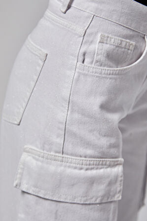 Kadın Beyaz Renk w5-2 Straight Kargo Fit Simli Özel Kumaş Tasarım Denim Jean