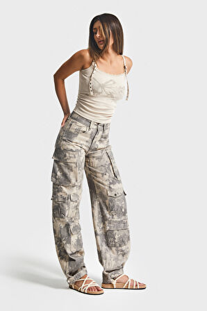 Kadın Kamuflaj Renk 7w5-28 Straight Kargo Fit Simli Özel Kumaş Tasarım Denim Jean