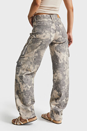 Kadın Kamuflaj Renk 7w5-28 Straight Kargo Fit Simli Özel Kumaş Tasarım Denim Jean