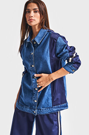 Kadın Kot Rengi 1w5-5 Oversize Parçalı Kumaş Özel Tasarım Denim Ceket