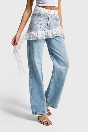 Kadın Ice Kot Rengi 4s5-99 Straight Fit %100 Koton Dantel Detaylı Etek Özel Tasarım Denim Jean