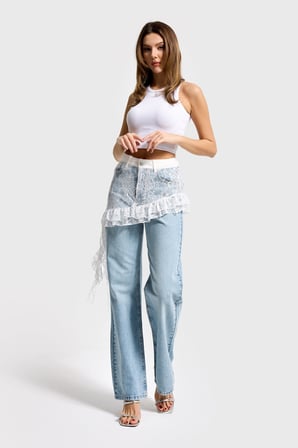 Kadın Ice Kot Rengi 4s5-99 Straight Fit %100 Koton Dantel Detaylı Etek Özel Tasarım Denim Jean