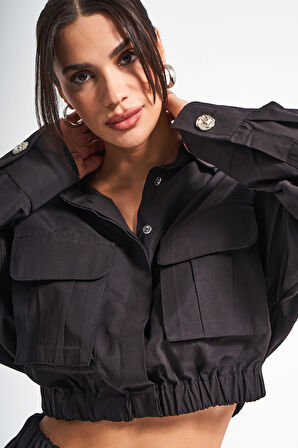 Kadın Siyah Renk w5-1 Crop Fit Kargo Cep Tasarım Ceket