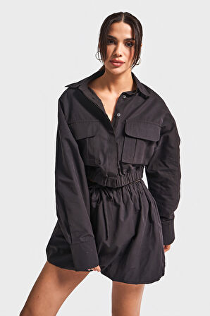 Kadın Siyah Renk w5-1 Crop Fit Kargo Cep Tasarım Ceket