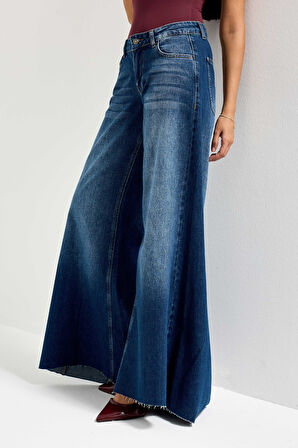 Kadın Koyu Mavi Renk 2w5-5 Elephant Leg Fit Bol Kesim Paça Detaylı Denim Jean
