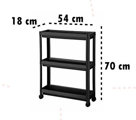 Tekerlekli Vesken Raf Ünitesi 3 Katlı Banyo Rafı Mutfak Rafı Servis Sehpası Organizer (Siyah)