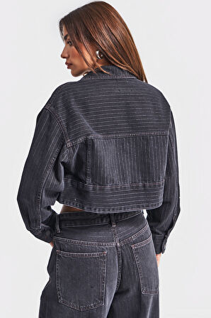 Kadın Çizgili Siyah Renk 1w5-1 Crop Fit Önü Düğmeli Komfort Denim Ceket