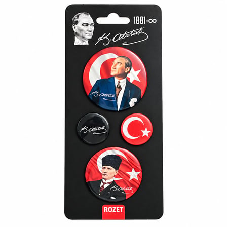 BakGelAl Atatürk ve Türk Bayrağı Temalı 4'lü Rozet Seti – Portre, İmza ve Ay Yıldız Desenli
